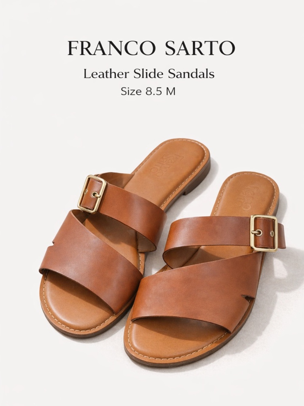 Franco Sarto Leather Slide Sandals Tan Double Strap Buckle Flat Size 8.5 M